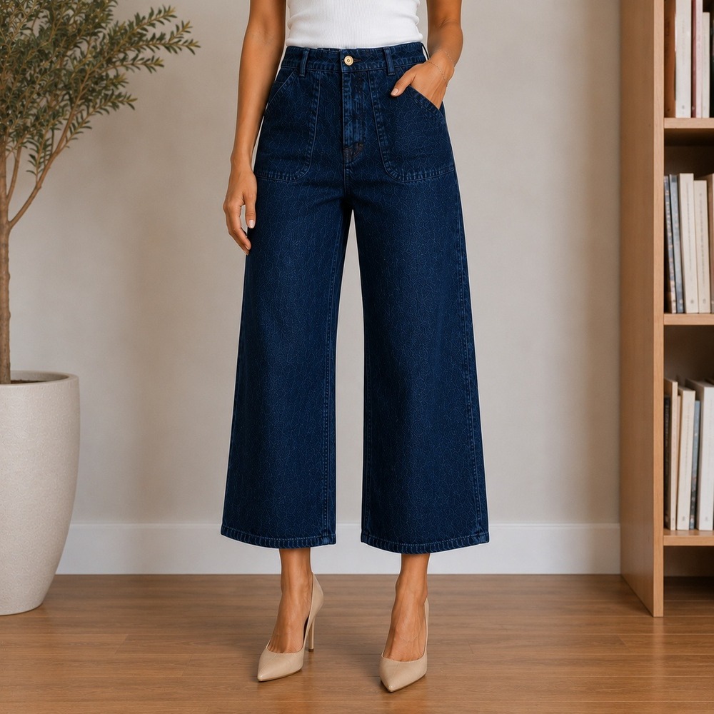 Tory Burch Women Dark Indigo High Rise Wide Leg Denim Jeans Gold Logo Button 29‎